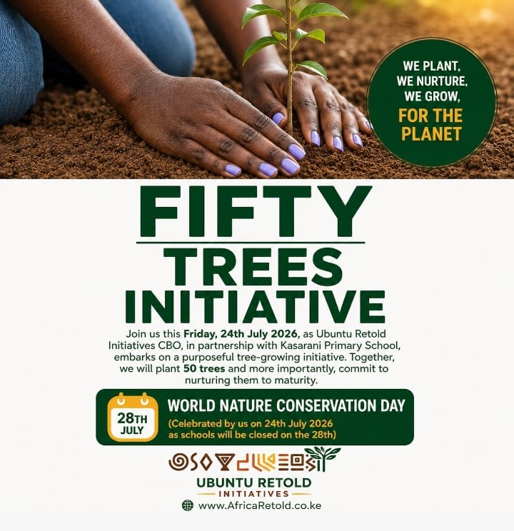 Fifty Trees Initiative event poster showing hands planting a young tree